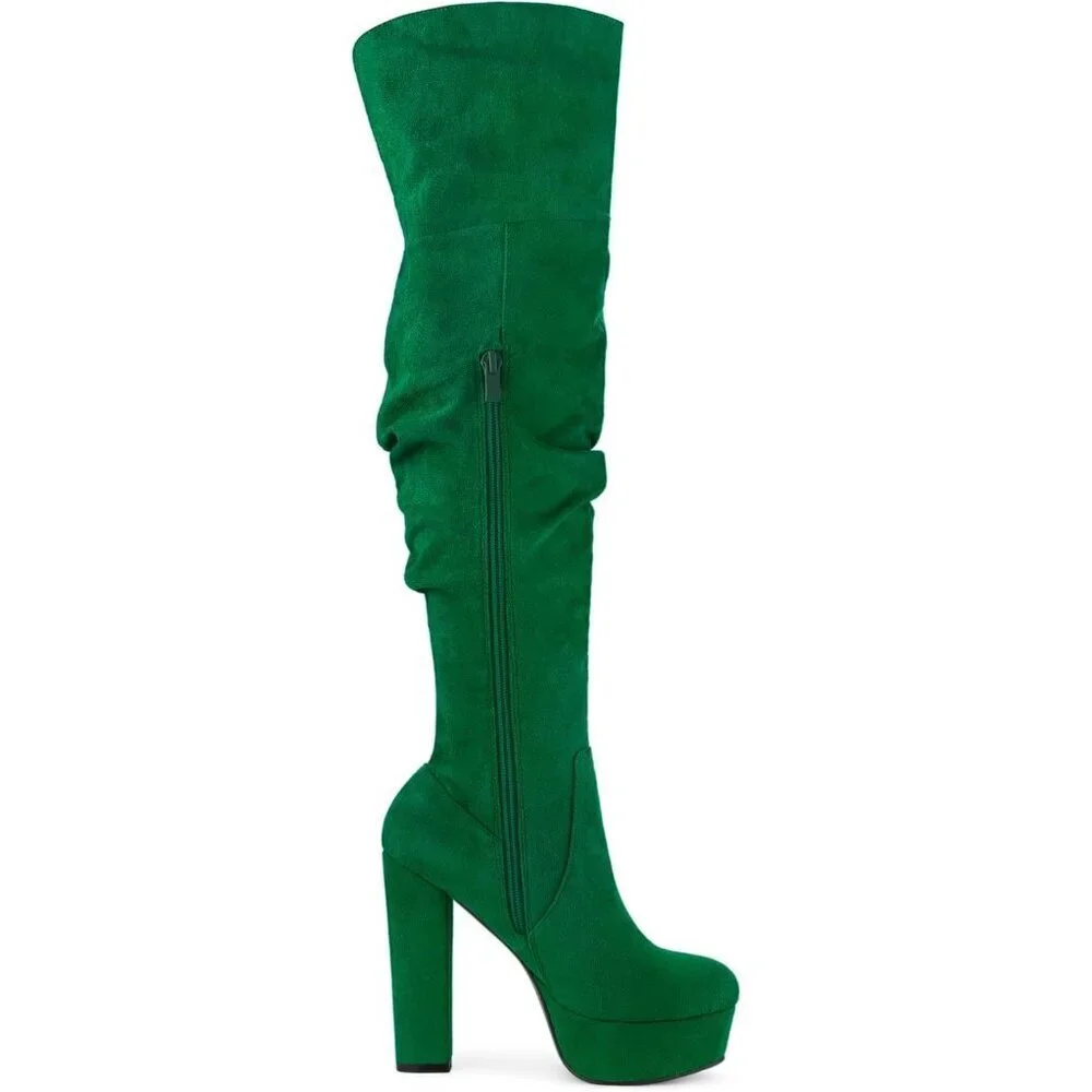 Women Green Platform Round Toe Zipper Slouch Heel Over the Knee Thigh High Boot